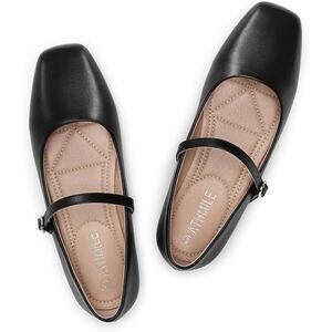 Athmile Womens Size 8.5 Black Faux Leather Mary Jane Flats Buckle Strap Shoes